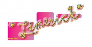 Englisches Limerick von das A&O englisches Limerick Logo, gelbe Schrift auf pinkem Hintergrund