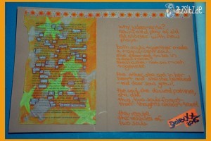 Orange Karte mit Sternenbemalte Buchseite und dem daneben geschriebenen Gedicht