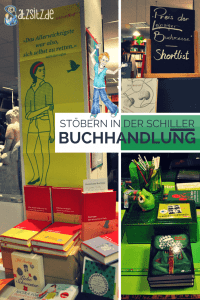 Collage aus Bücherstapel in der Schiller Buchhandlung mit Edition fünf und einem grünen Tisch