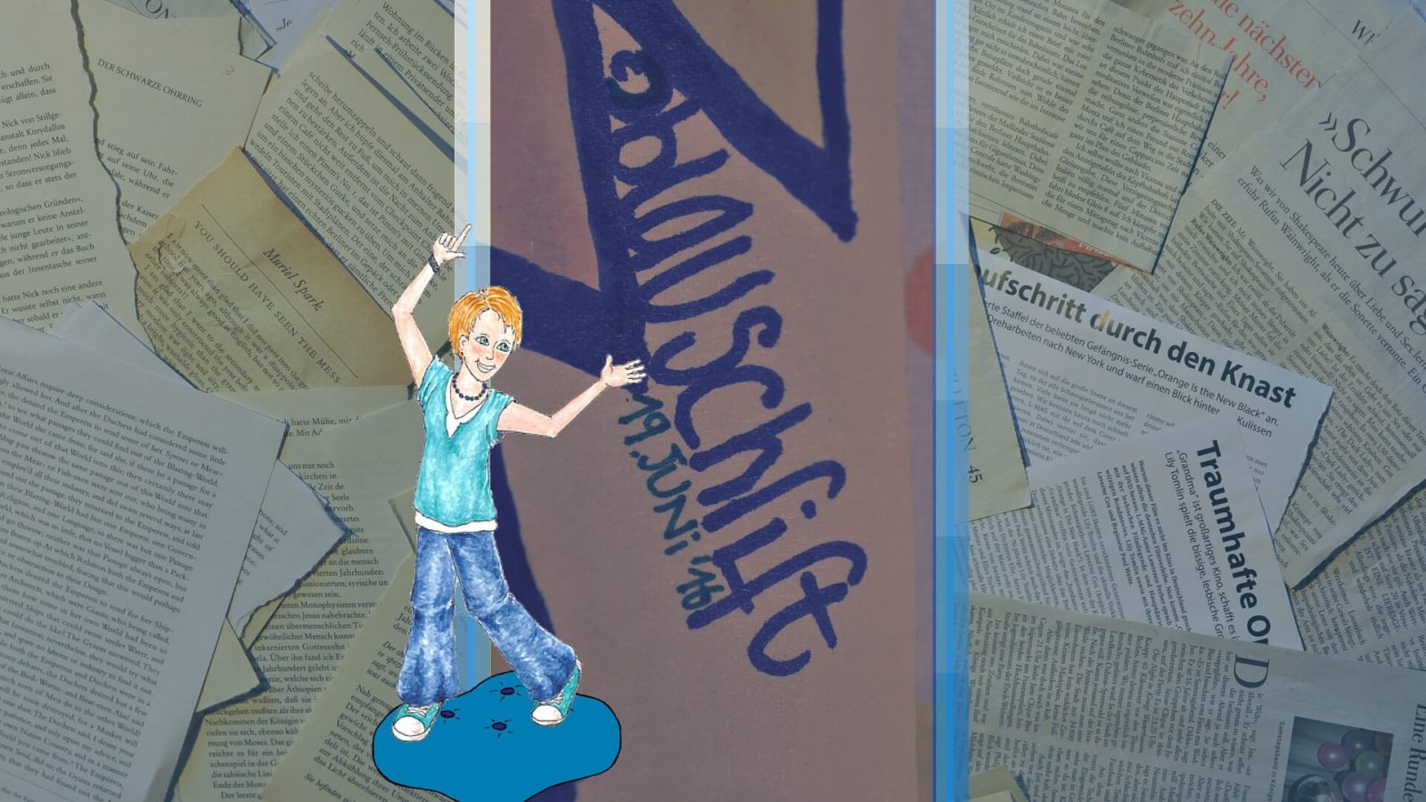 Collage in 3 Bildern: viele Buch- und Zeitungsseiten zum Finden versteckter Verse mit einer Illustration von das A&O