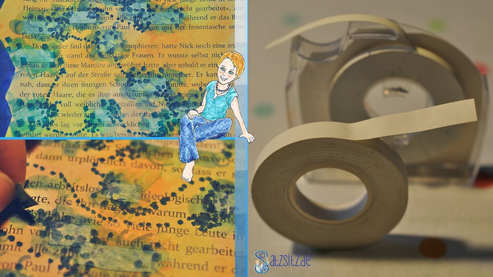 Collage in drei Bildern: das Korrekturband auf einem #verstvers und wie es abgezogen wird