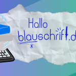 Links das Icon von blauschrift mit Bastelsachen, rechts die Figur von satzsitz.de